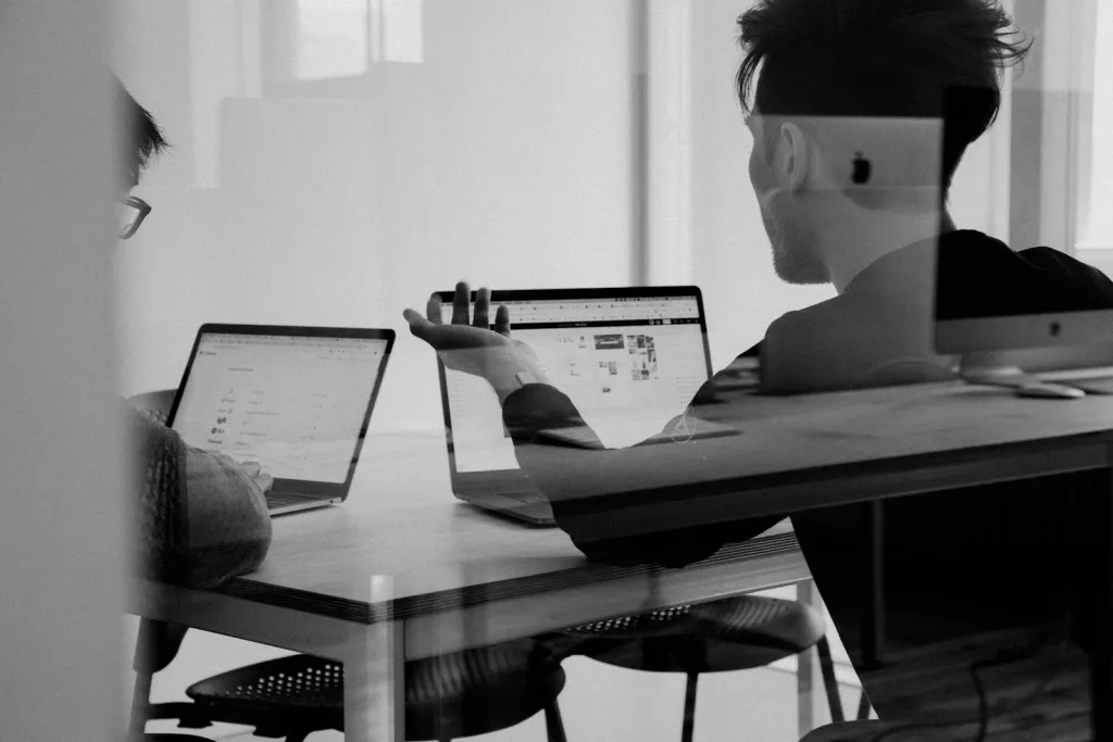 Two colleagues discussing a design on laptops